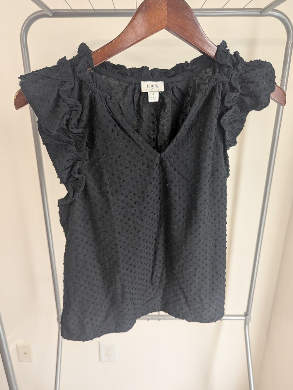 J.Crew Factory Black Swiss Dot Ruffle Sleeve V-Neck Blouse Top Size Small